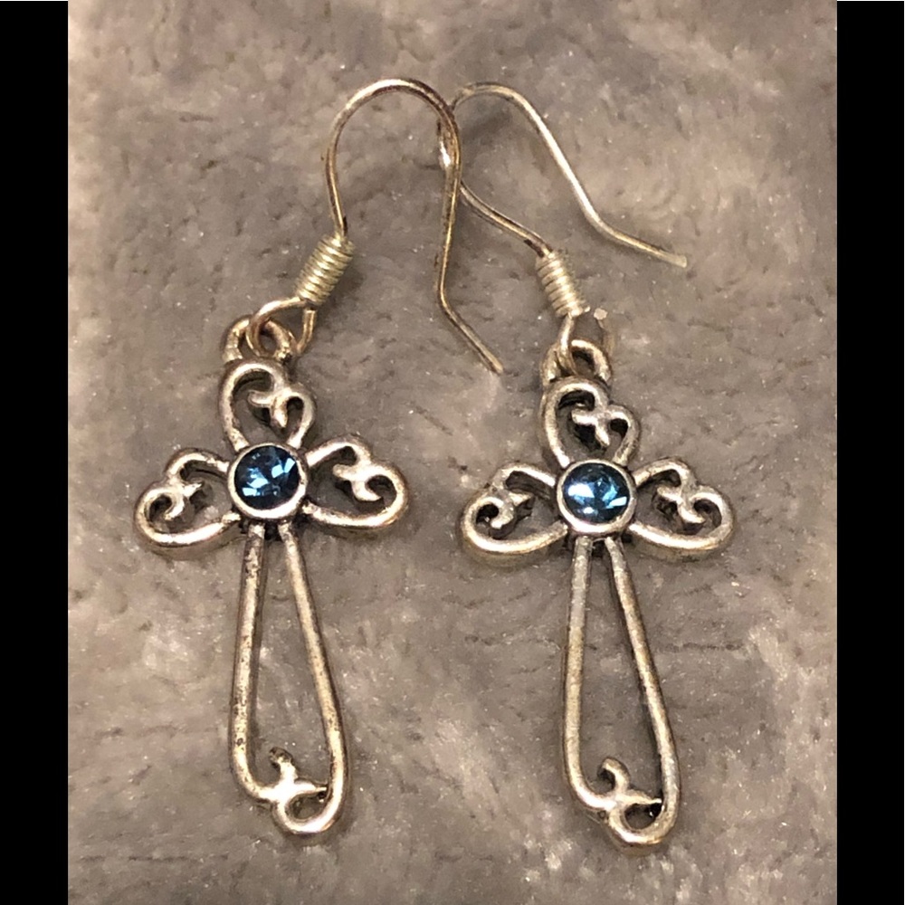 Sterling Silver Cross w/ Blue Bead Earrings